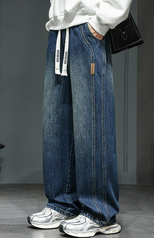 Indigo Rift Vintage-Wash Wide-Leg Drawstring Baggy Jeans