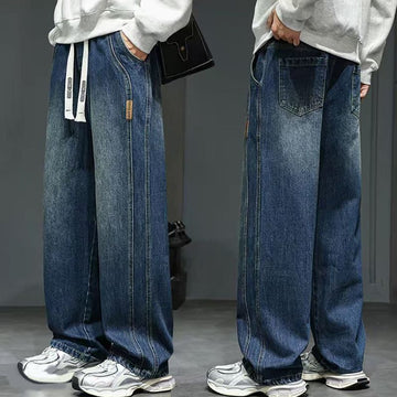 Indigo Rift Vintage-Wash Wide-Leg Drawstring Baggy Jeans