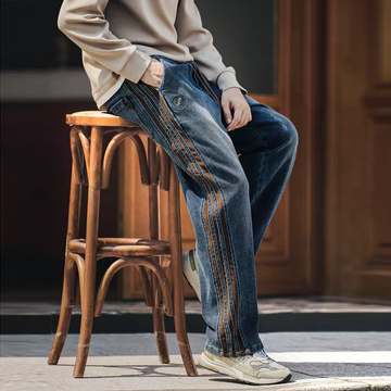Blue Parallel Line Drawstring Denim Jeans