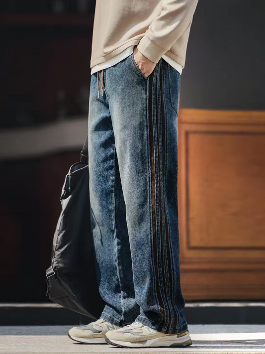 Blue Parallel Line Drawstring Denim Jeans